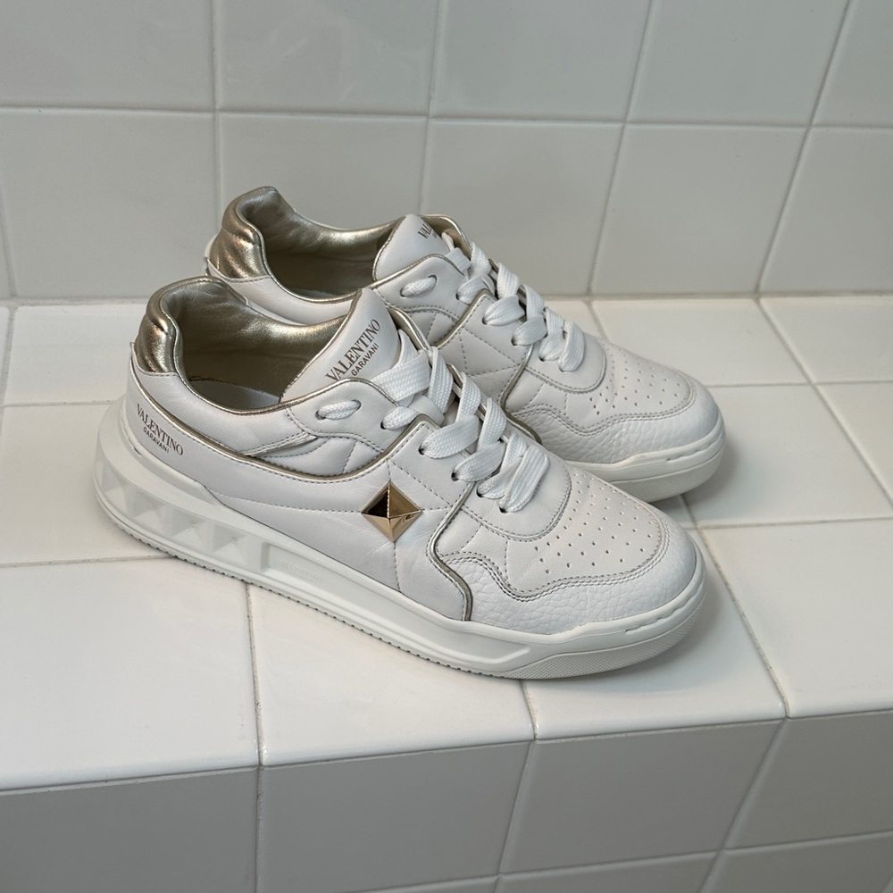 Valentino White Leather Sneakers with Gold Trim.  Authentic